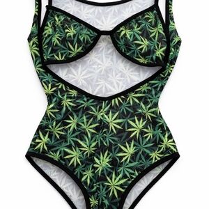 Green Leaf Print Sheer Mesh Lingerie Bodysuit – Strappy Cutout - OS